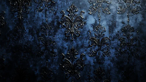 Dark blue damask wall with embossed ornamental pattern.