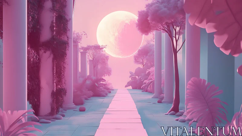 Lunar-illuminated neoclassical colonnade in pink volumetric haze.