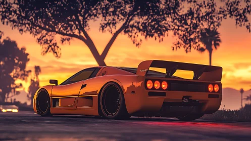 Low-slung orange supercar idles at dusk on palm-lined road
