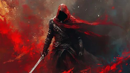 Hooded sword-wielder strides through swirling red storm.