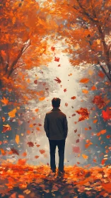 Digital painting of solitary figure in luminous autumn corridor.