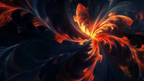 Fiery abstract fractal flower shape expands from dark center