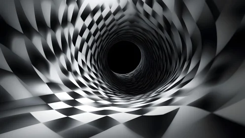 Surreal checkered tunnel illusion in abstract black and white style.