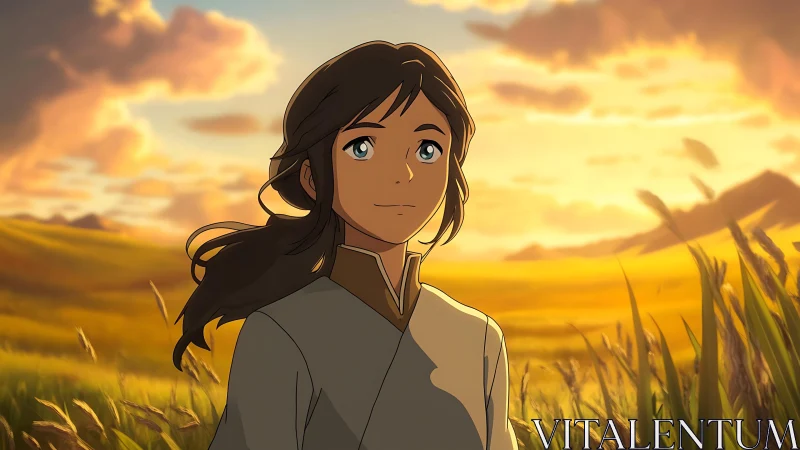 Young person in stylized field under warm sunset sky.