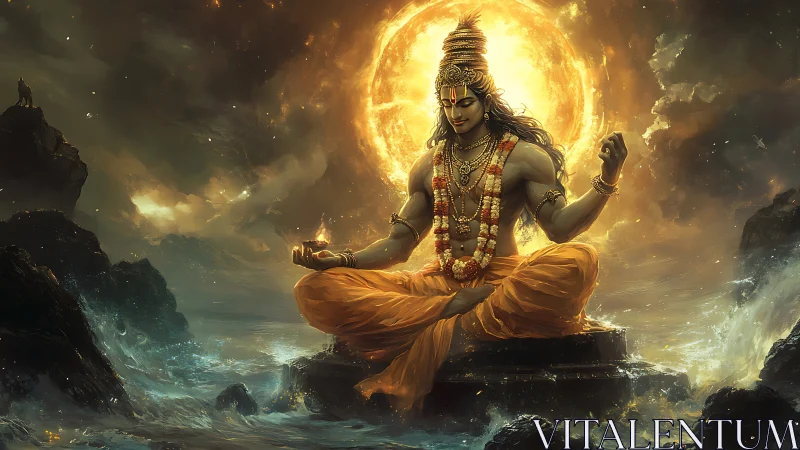 Solar-lit ascetic deity seated above turbulent mythic ocean.