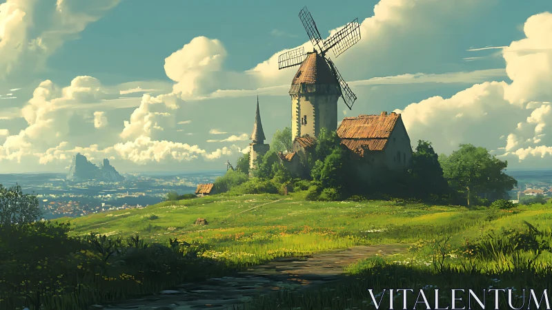 Windmill farmhouse on bright rural hillside landscape.