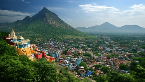 Temple crowns a lush hill above a kaleidoscopic Indian town.