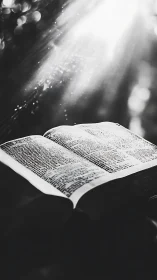 Open printed book lies under directional overhead light source