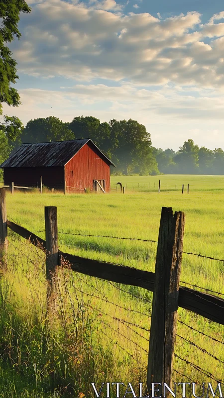 Sunlit red barn beyond rustic fence in misty pasture.