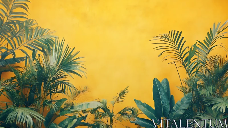 Tropical foliage layer against uniform yellow background wall.