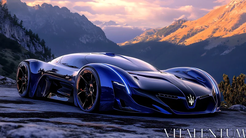 Aerodynamic hypercar prototype in alpine sunset environment.