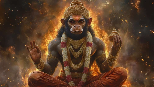 Radiant monkey deity meditating in a circle of warm fire.