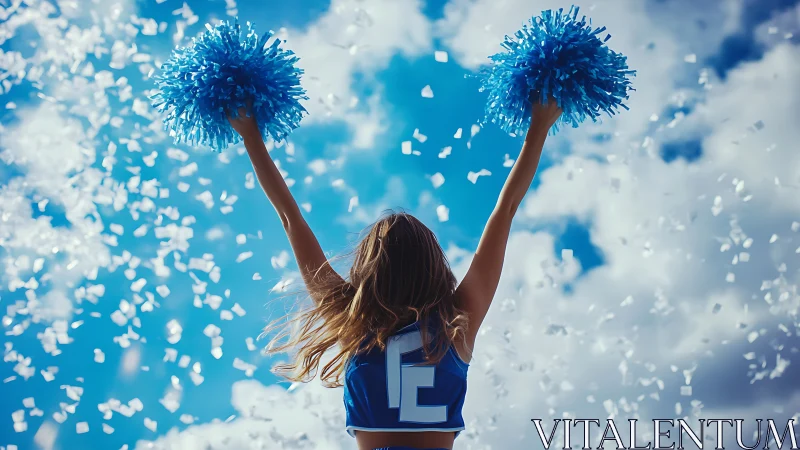 Cheerleader lifts blue pom poms beneath vibrant confetti sky.