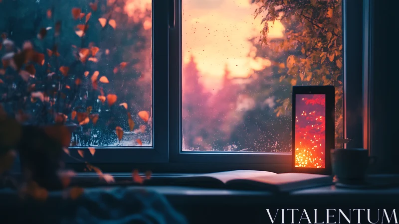 Sunset Glow: Window View with Glowing Phone Display