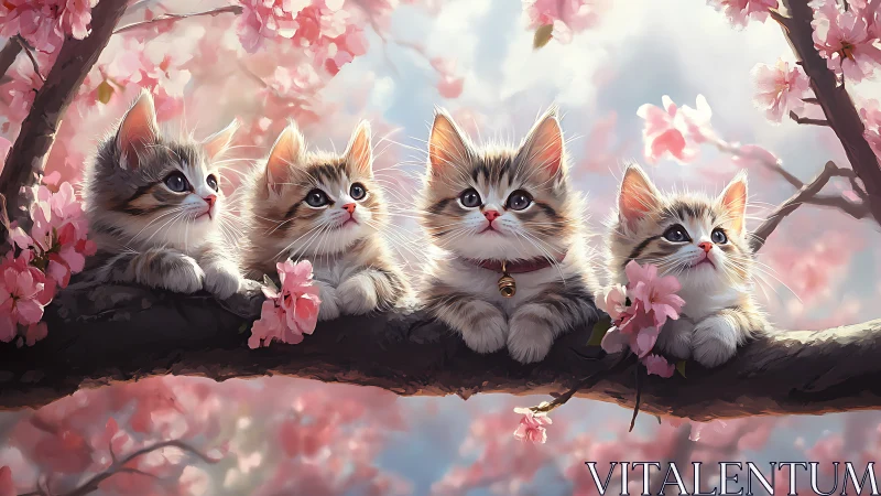 Four Kittens Perched on Branch Amid Blooming Cherry Blossoms