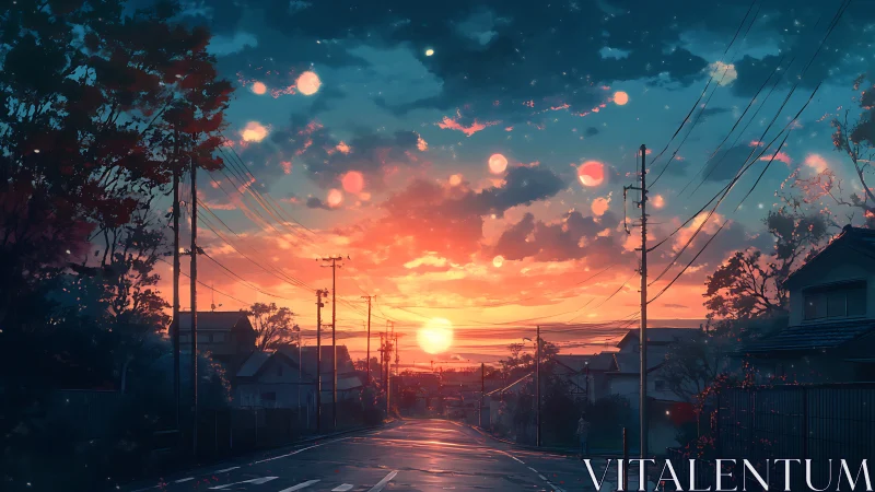 Twilight suburban street under luminous cinematic sunset sky.