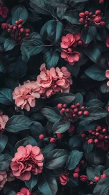 Pink Roses and Ruby Berries Dance Among Deep Teal Leaves.