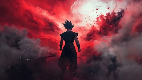 Lone warrior strides into a storm of crimson cosmic fire.