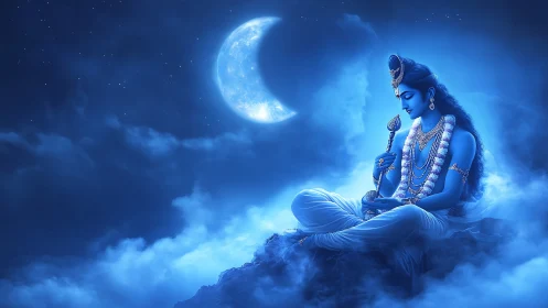 Serene blue deity meditates beneath a luminous crescent moon