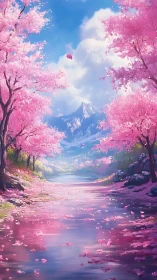 Cherry blossom river valley under distant snowy mountains.