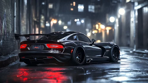 Wet asphalt alley supercar under cinematic nocturnal rain.