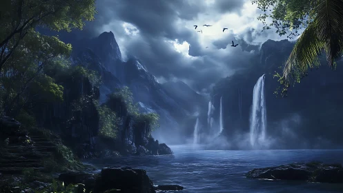 Cascading Waterfalls in Misty Valley with Tempestuous Sky