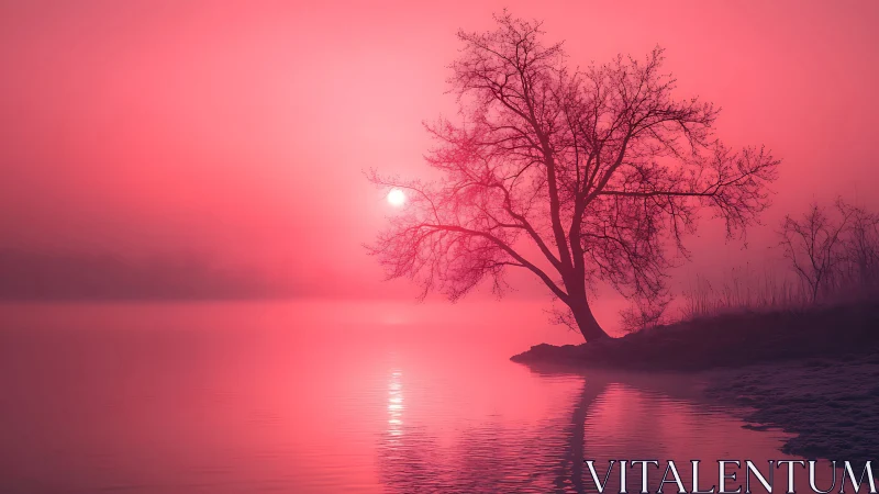 Solitary tree by misty lakeshore under pink sunrise glow.