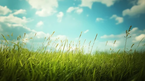 Sunlit meadow grasses under luminous summer sky.