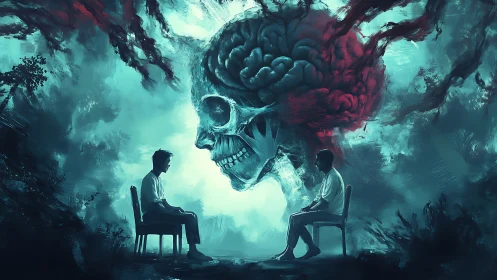Two distant figures confront a colossal skull of the mind