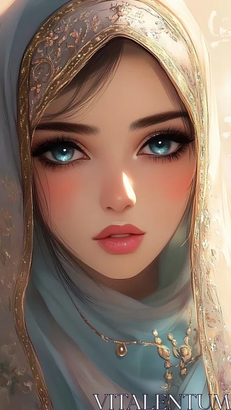 Gazing blue-eyed woman in ornate veil and soft light.