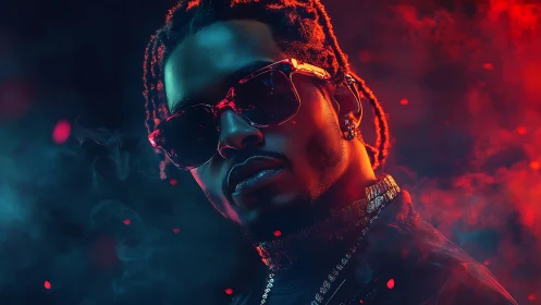 Portrait of man in sunglasses with red and blue lighting.