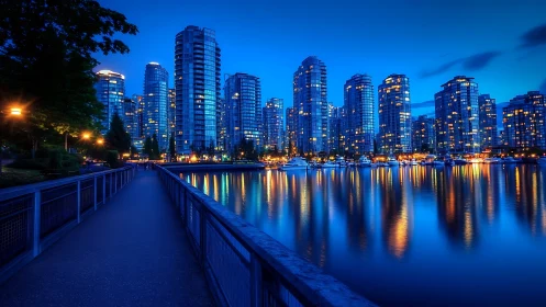 Marina-side highrise skyline with long-exposure blue hour reflections.