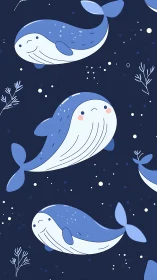 Playful blue whales float across deep navy sea.