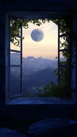 Moonlit mountain landscape framed by open stone window.