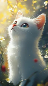 White kitten in soft light looking up at flowers.