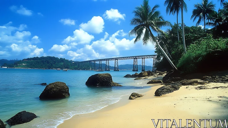 Coastal rail trestle intersecting tropical littoral environment.
