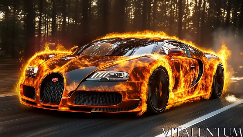 Bugatti Chiron engulfed in dynamic flame effects racing through forest.
