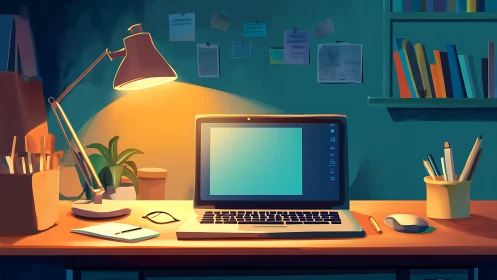 Organized home workspace with laptop and desk lamp.