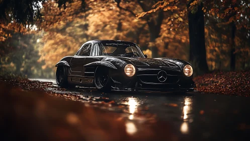 Retro Mercedes coupe glows on wet autumn forest road at dusk.