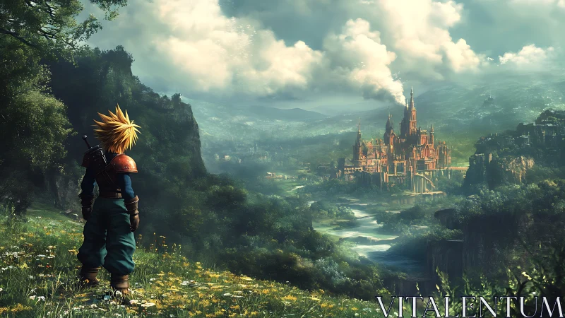 Fantasy digital painting of warrior overlooking river citadel.