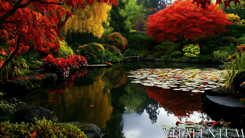 Crimson maples crown a glassy pond in autumn’s secret garden.