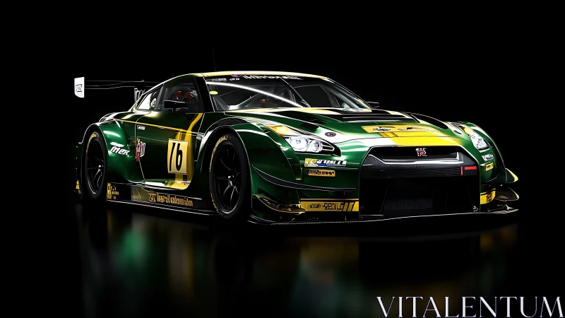 Green Nissan GT-R race car gleams under hard studio lighting