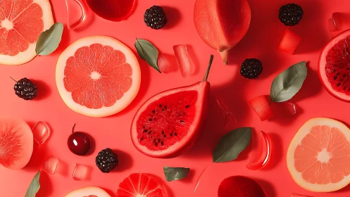 Red citrus and berries arranged on vivid coral backdrop.