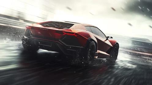 Red mid‑engine supercar drifting on wet racetrack in rainstorm