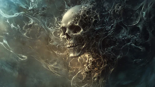 Turbulent necrotic skull emerging from vortical spectral fluid.