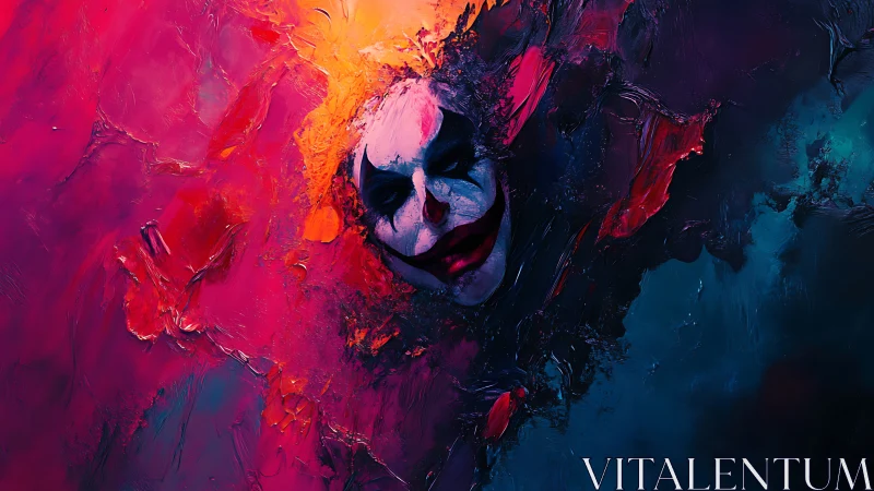 Clown mask emerges from turbulent neon impasto with high contrast
