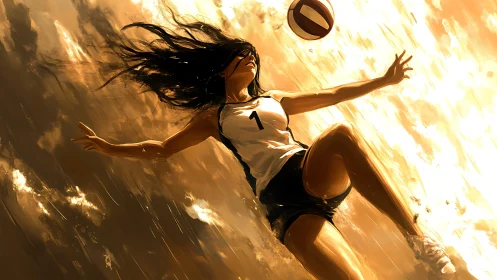 Sunlit volleyball leap frozen between sky and sand.