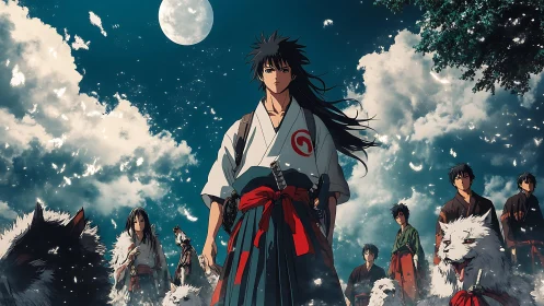 Group of stylized warriors and wolves stand under full moon