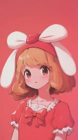 Anime portrait in monochrome coral palette with bow detail.