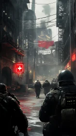 Armored patrol advances through dense industrial street